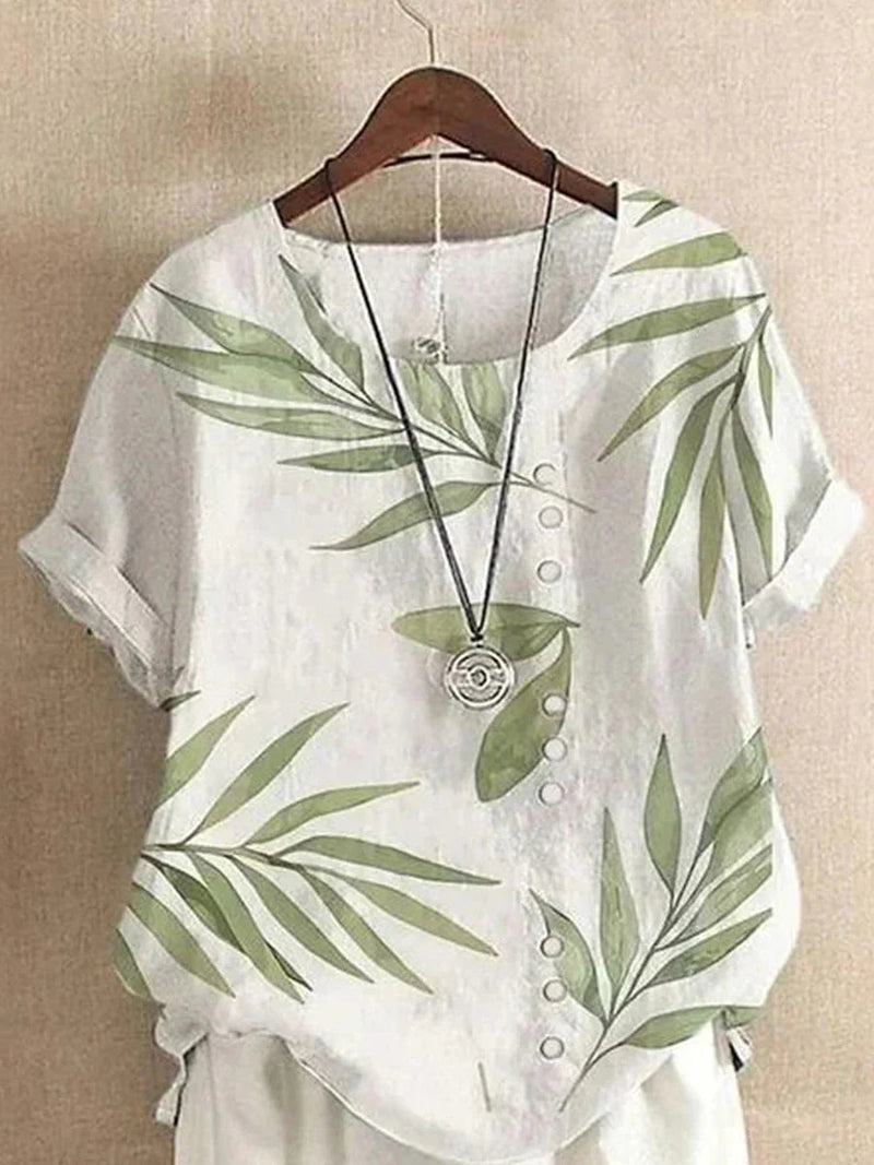 Fresh Leaf Print Round Neck Short Sleeve Blouse