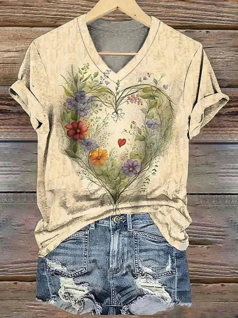Vintage Print V-neck Short Sleeve T-Shirt