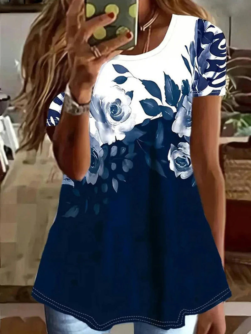 Vintage Navy Floral Print Round Neck Short Sleeve T-Shirt