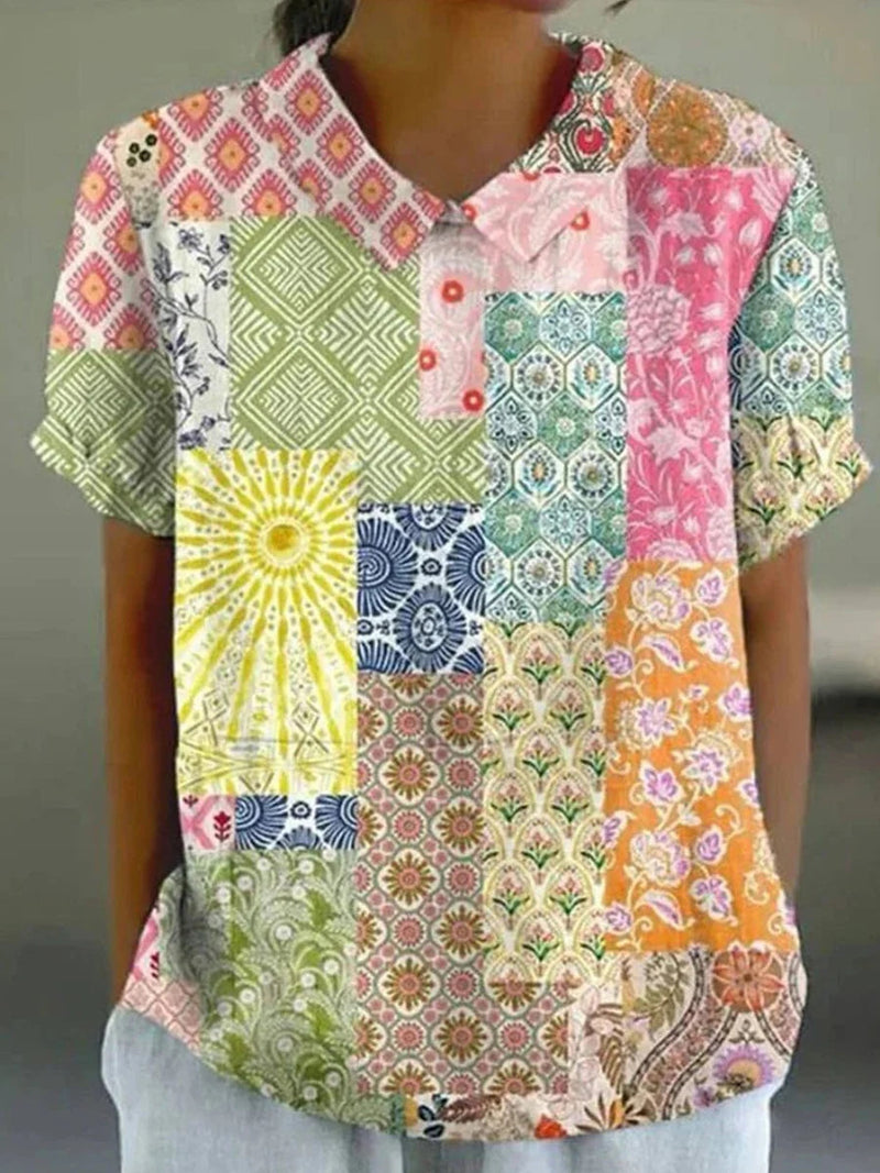 Colourful Vintage Floral Print Short Sleeve Blouse