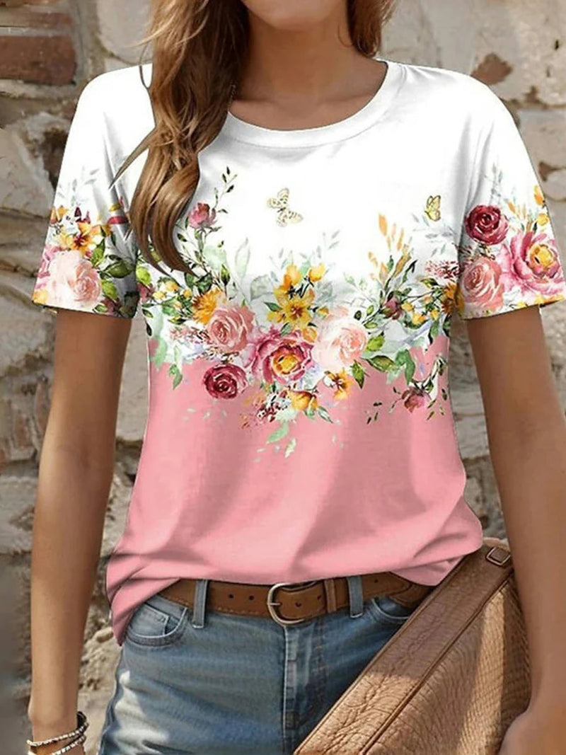 Casual Pink Floral Print Round Neck Short Sleeve T-Shirt