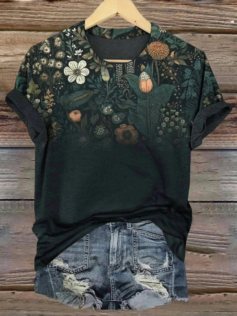Vintage Floral Round Neck Short Sleeve T-Shirt