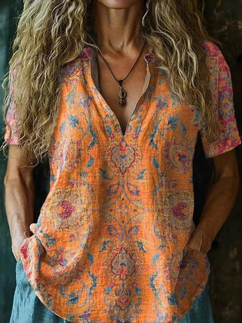 Stylish Ethnic Print V-neck Short Sleeve Blouse