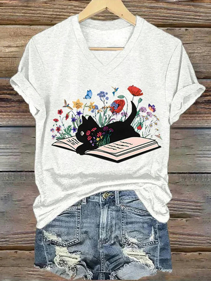 Cute Cat Print V-neck Short Sleeve T-Shirt