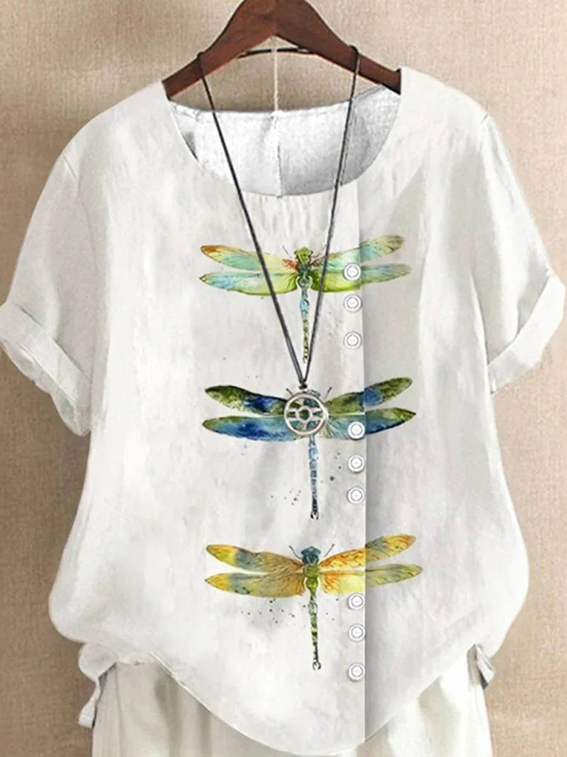 Chic Dragonfly Print Round Neck Short Sleeve White Top