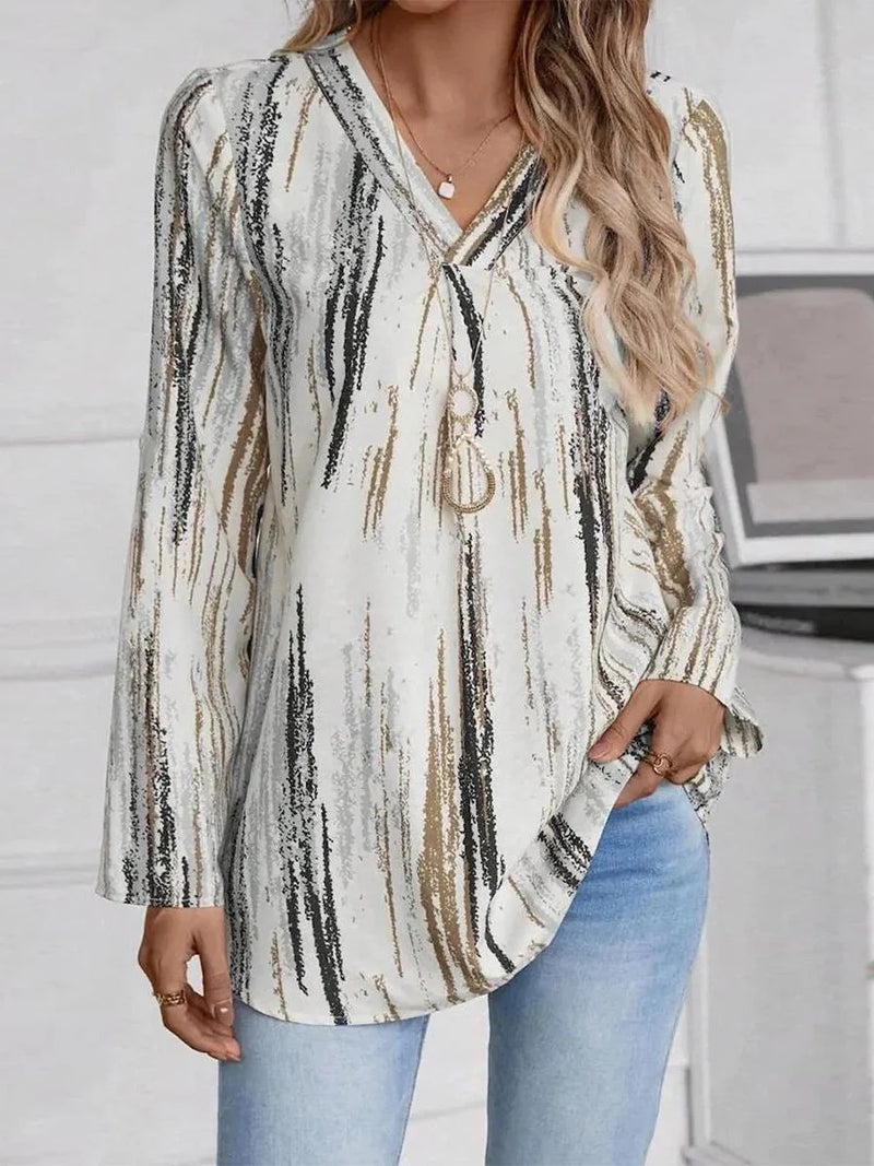 Chic White V-Neck Long Sleeve Blouse