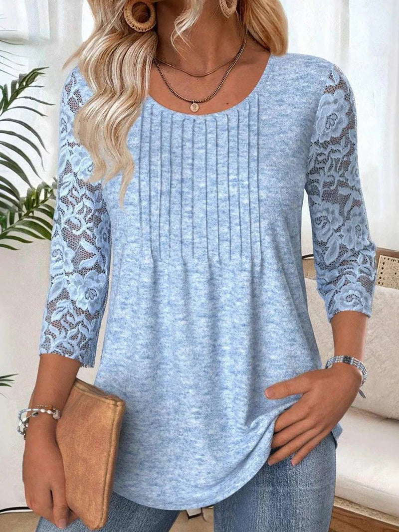 Fresh Blue Round Neck 3/4 Sleeve Blouse