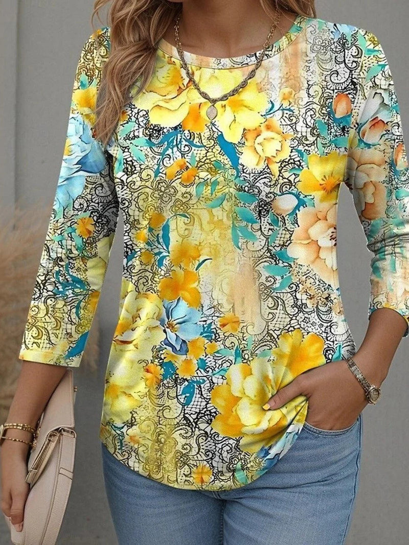 Yellow Round Neck Long Sleeve Blouse