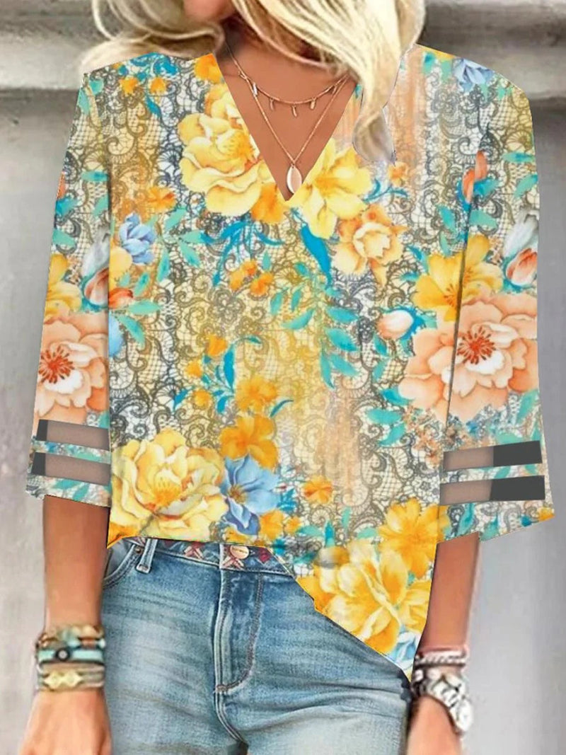 Yellow V-Neck Floral Print Blouse