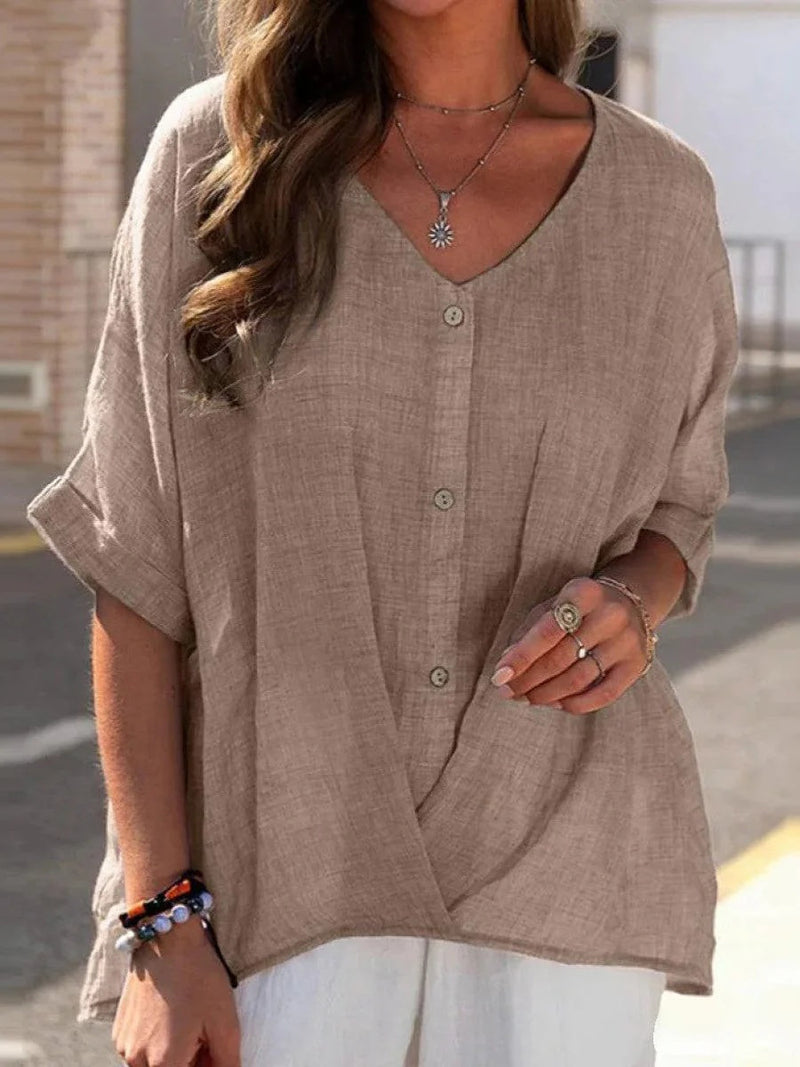 Brown Short Sleeve Plain Blouse