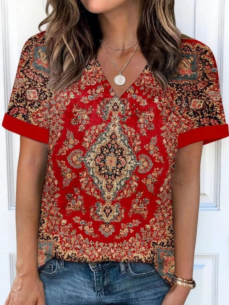 Showy Red V-Neck Short Sleeve Blouse