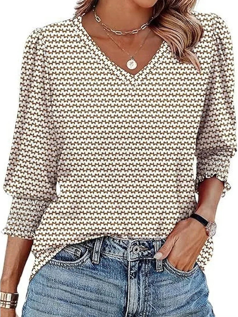 Popular Brown V-Neck 3/4 Sleeve Blouse