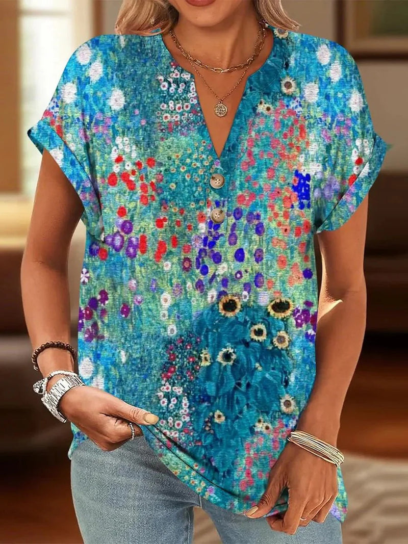 Dreamy Blue Floral Print V-Neck Short Sleeve Blouse