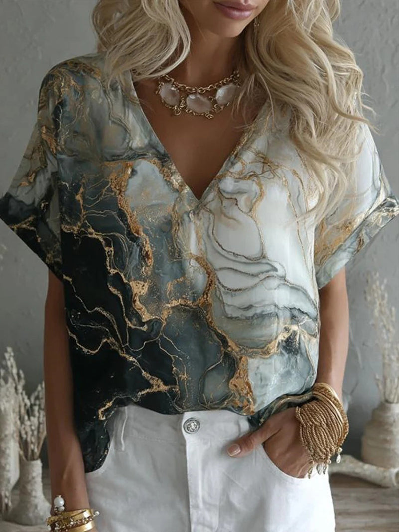 Chic Blue V-Neck Short Sleeve Blouse