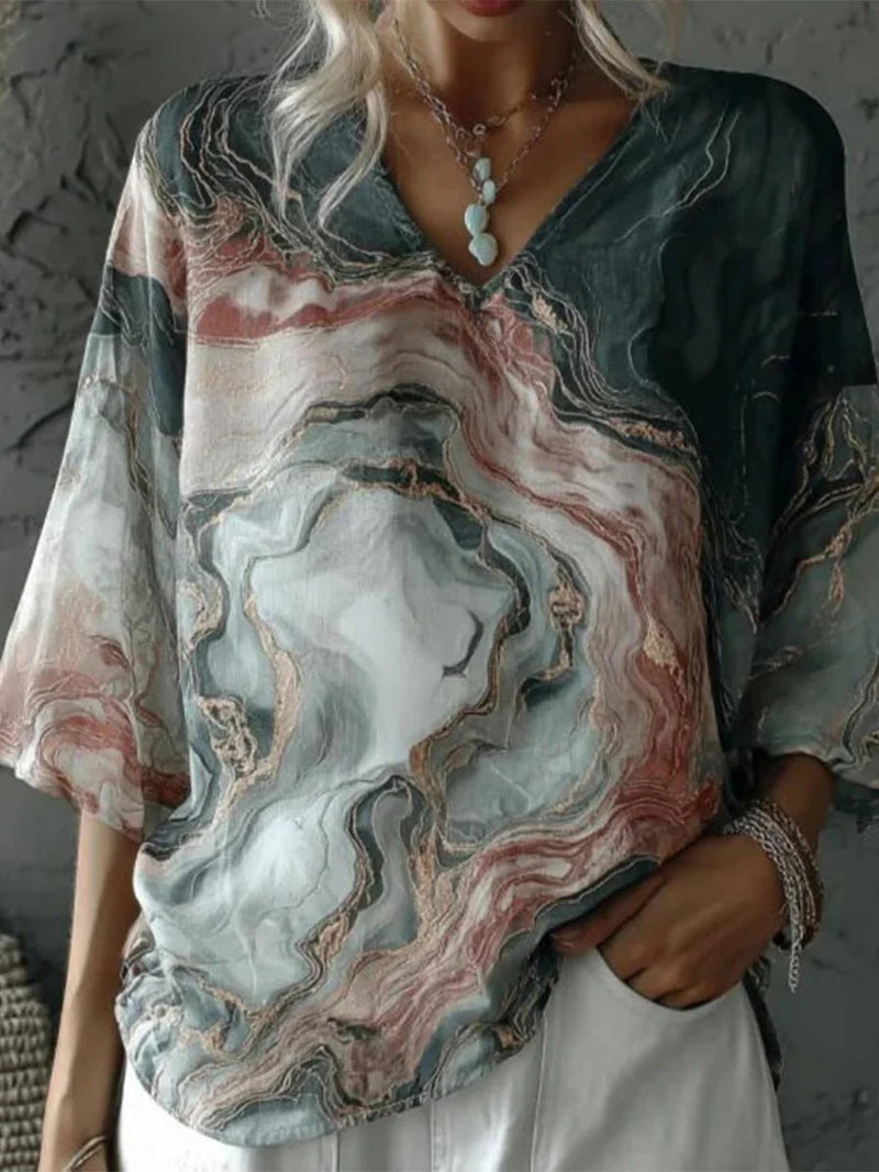 Chic Blue V-Neck 3/4 Sleeve Blouse
