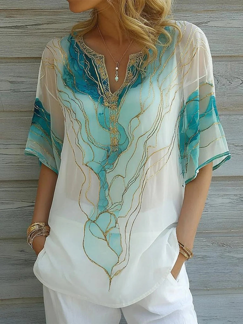 Stunning V-Neck Blue Blouse