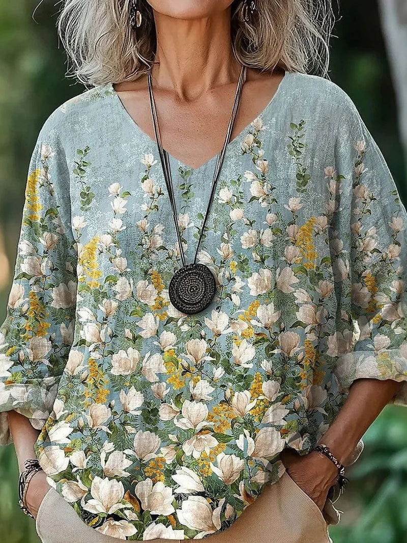 Fashion Floral V-Neck 3/4 Sleeve Blouse