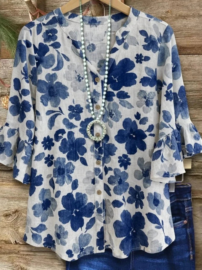 Stylish Blue Floral Print Bell Sleeve Blouse
