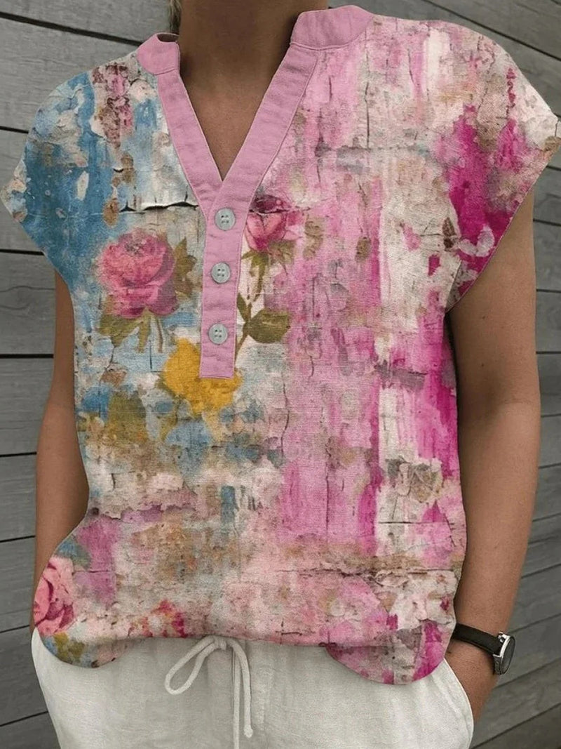 Modern Floral Short Sleeve V-Neck Blouse