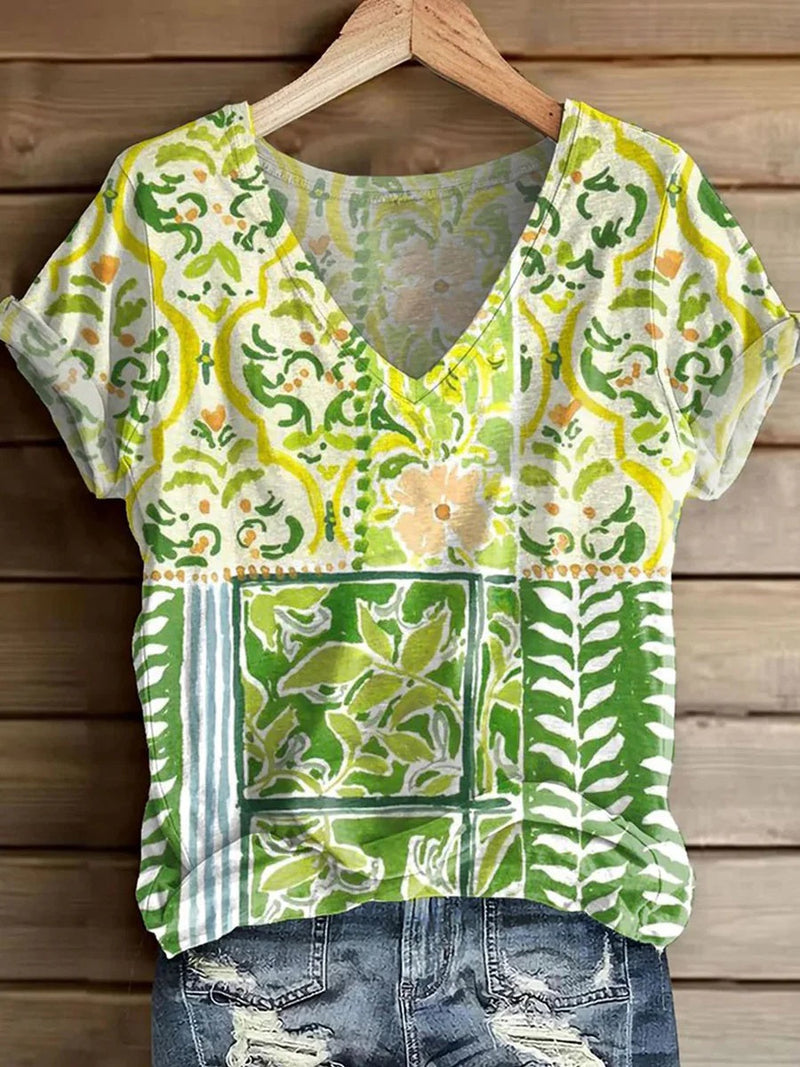 Green V-Neck Short Sleeve Blouse