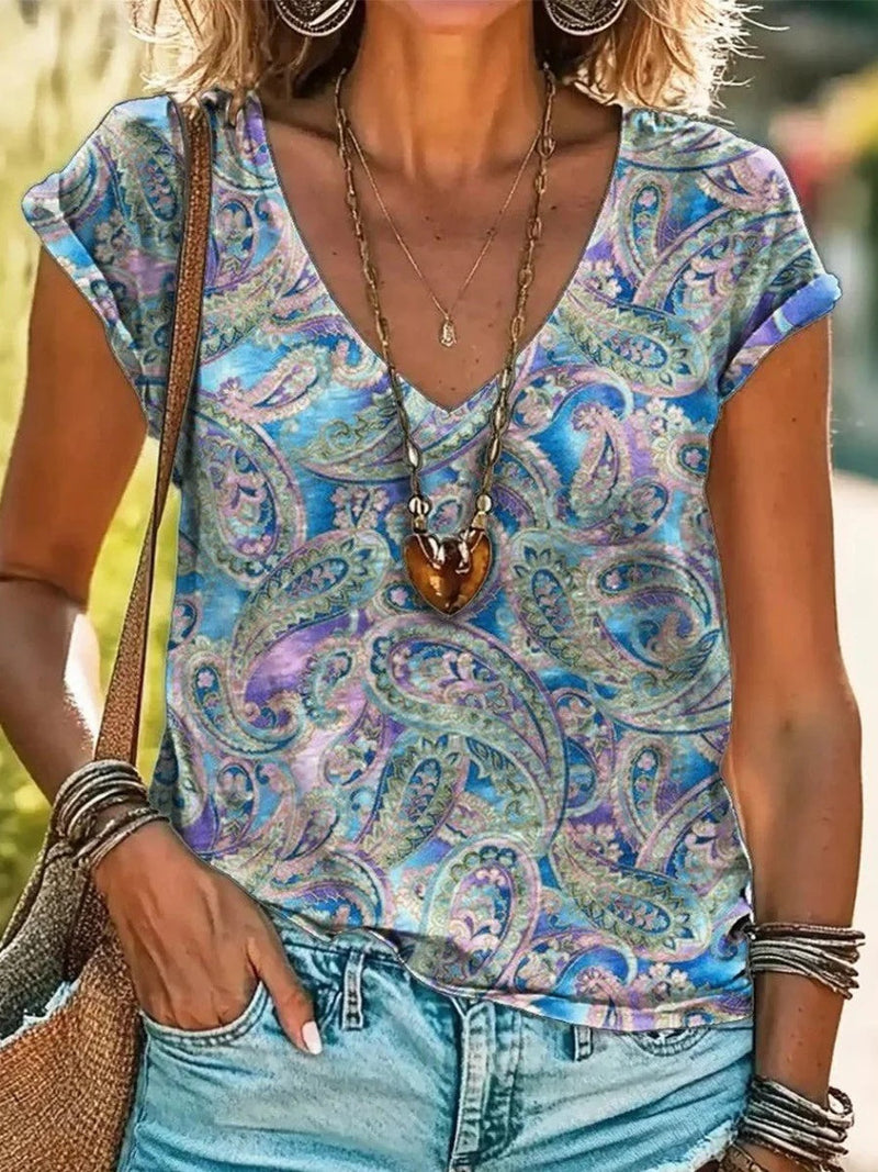Multicolor Fresh Paisley Print V-Neck Short Sleeve Blouse