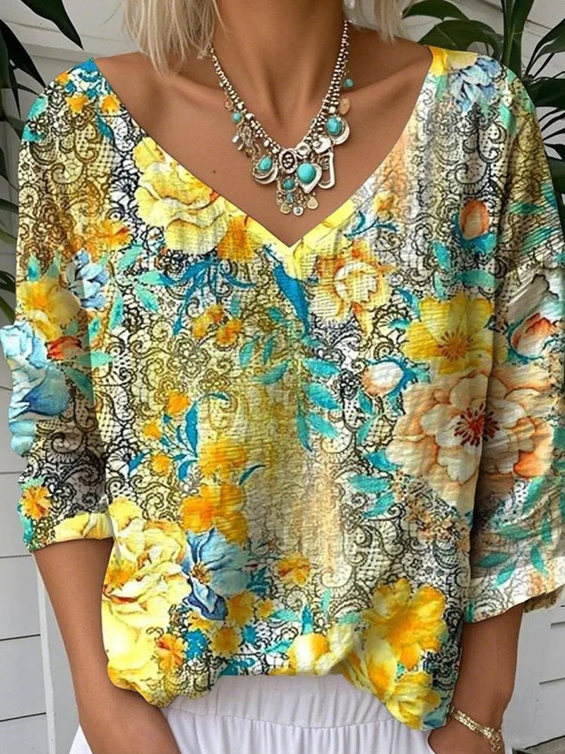 Yellow Attractive V-Neck Long Sleeve Blouse