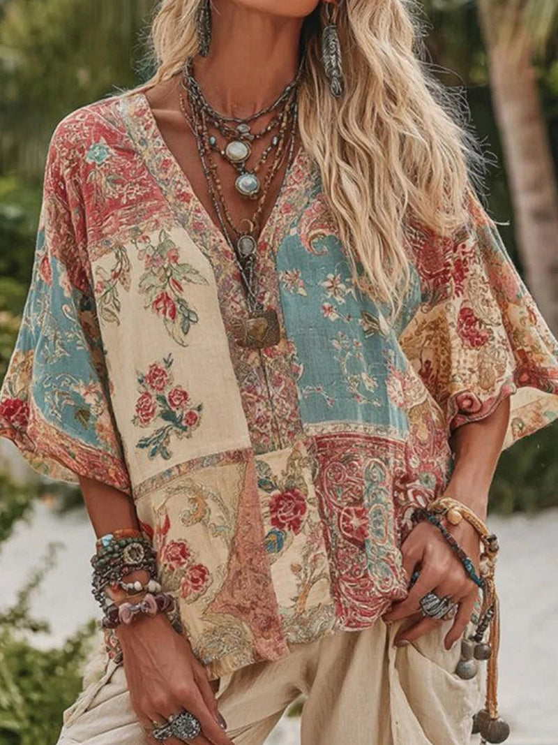 Multicolor Gorgeous V-Neck Half Sleeve Blouse