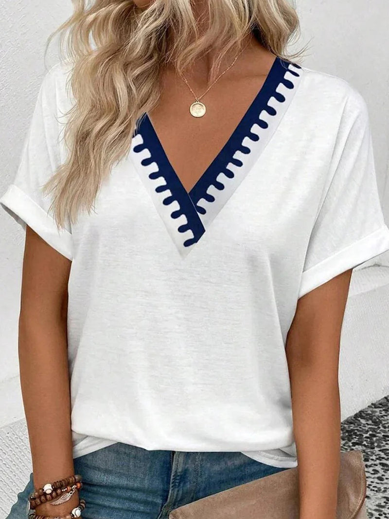 Special V-Neck Short Sleeve White Blouse