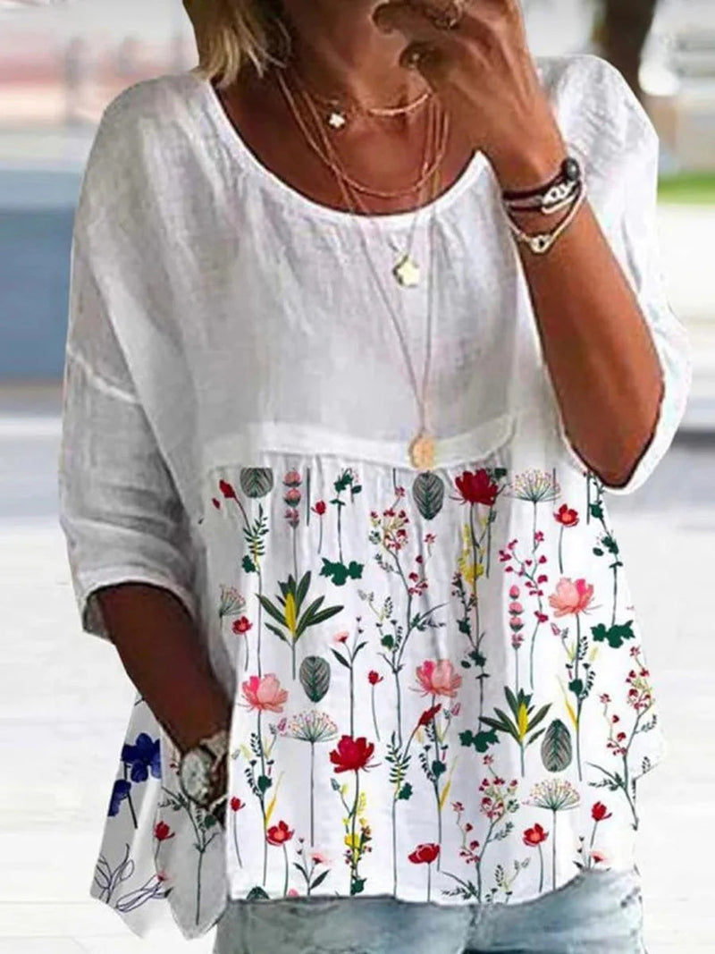 Elegant Round Neck Floral Print 3/4 Sleeve Blouse