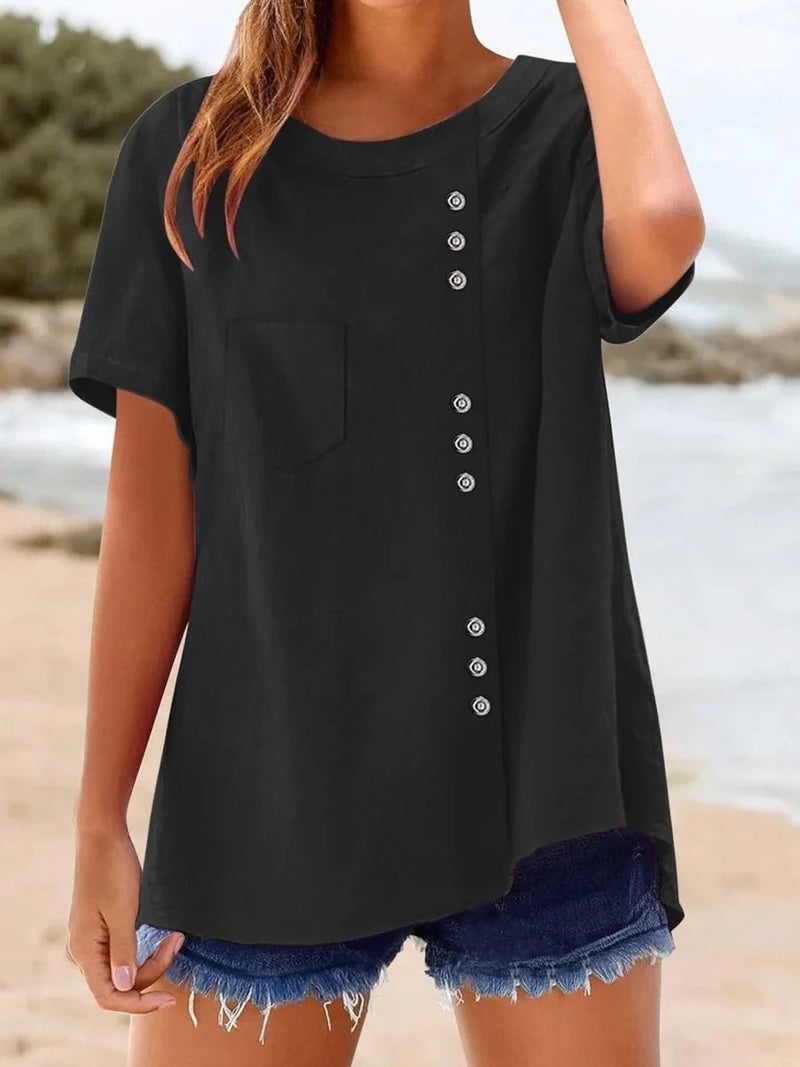 Black Plain Round Neck Short Sleeve Blouse