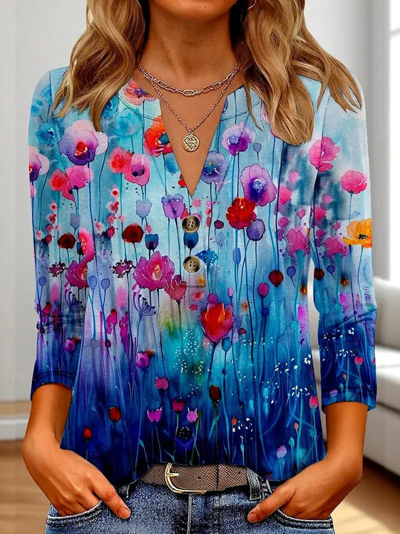 Elegant Blue Floral Print Long Sleeve Blouse