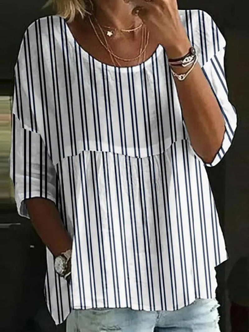 Comfy Round Neck 3/4 Sleeve Striped Blouse