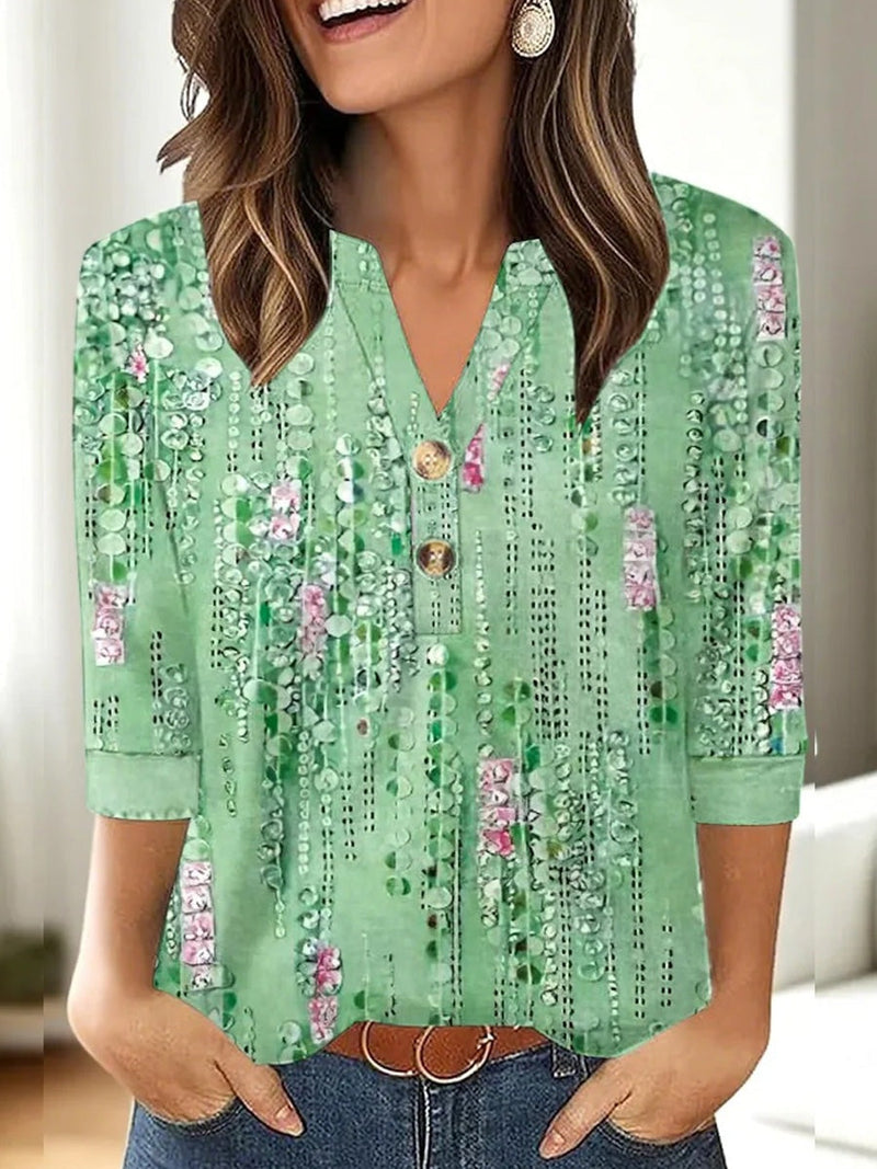 Green Long Sleeve V-Neck Blouse