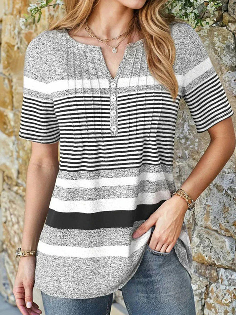 Casual Striped V-Neck Short Sleeve Blouse