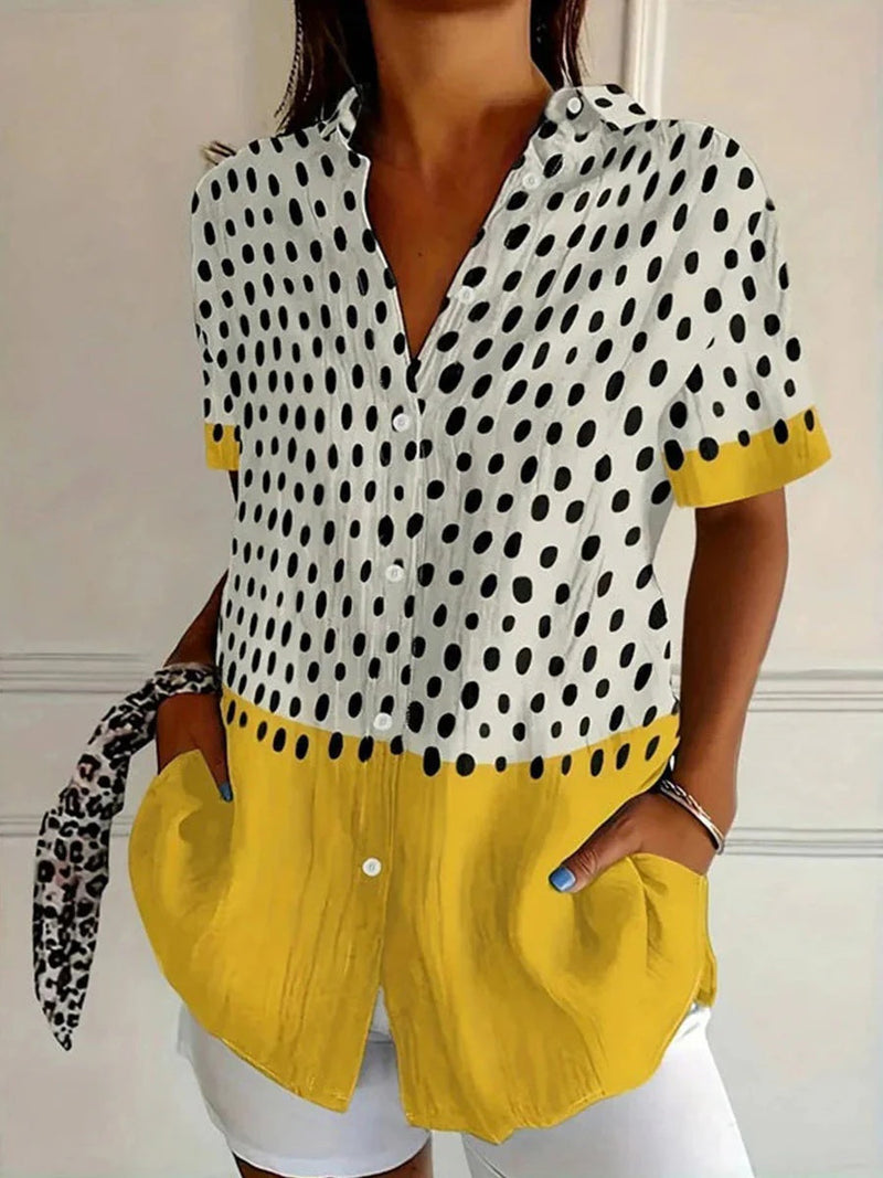 Color Block Polka Dot Short Sleeve Blouse