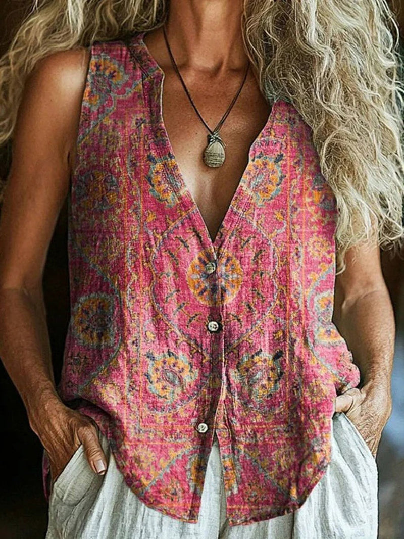 Vintage Ethnic Print V-Neck Sleeveless Blouse