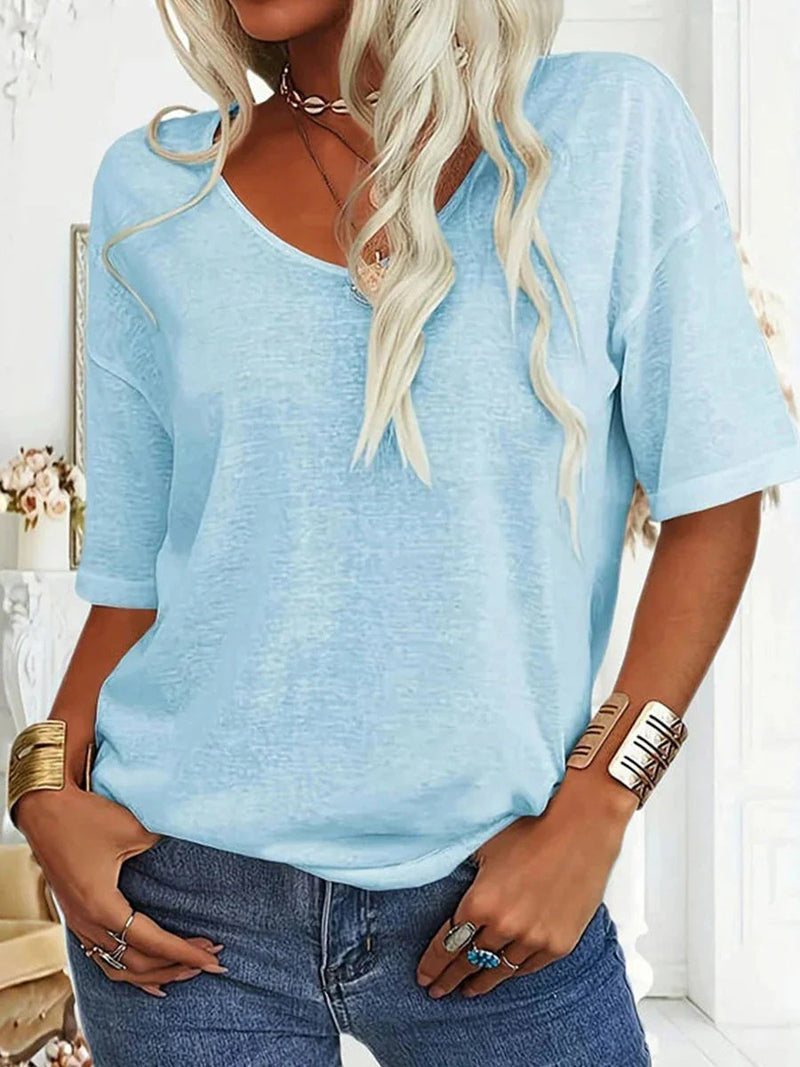 Casual Solid Color V-Neck Short Sleeve T-Shirt