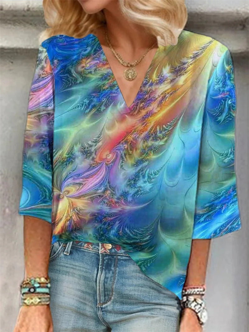 Abstract Gradient V-Neck 3/4 Sleeve Loose Blouse