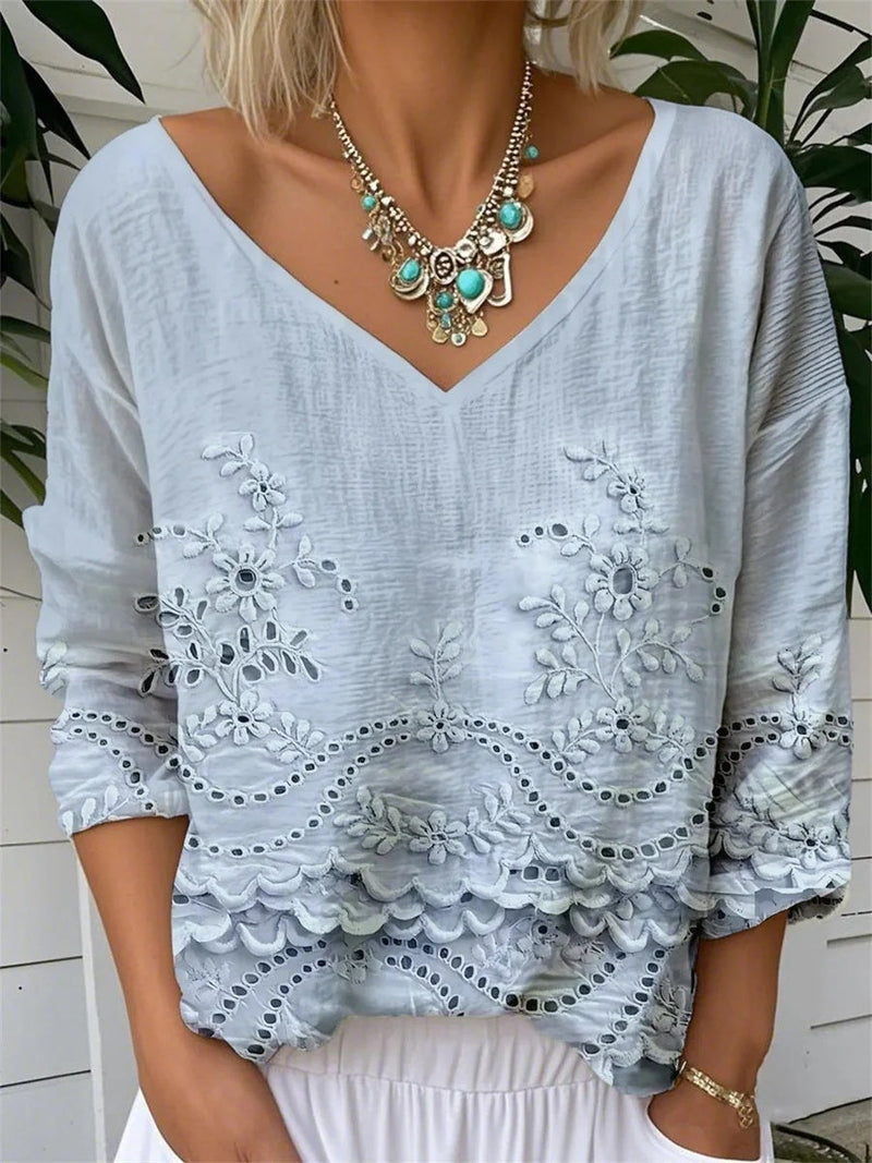Casual V-Neck 3/4 Sleeve Blouse