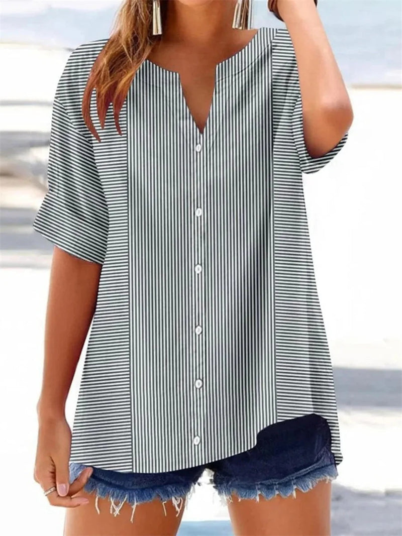 Casual Striped V-Neck Short Sleeve Blouse