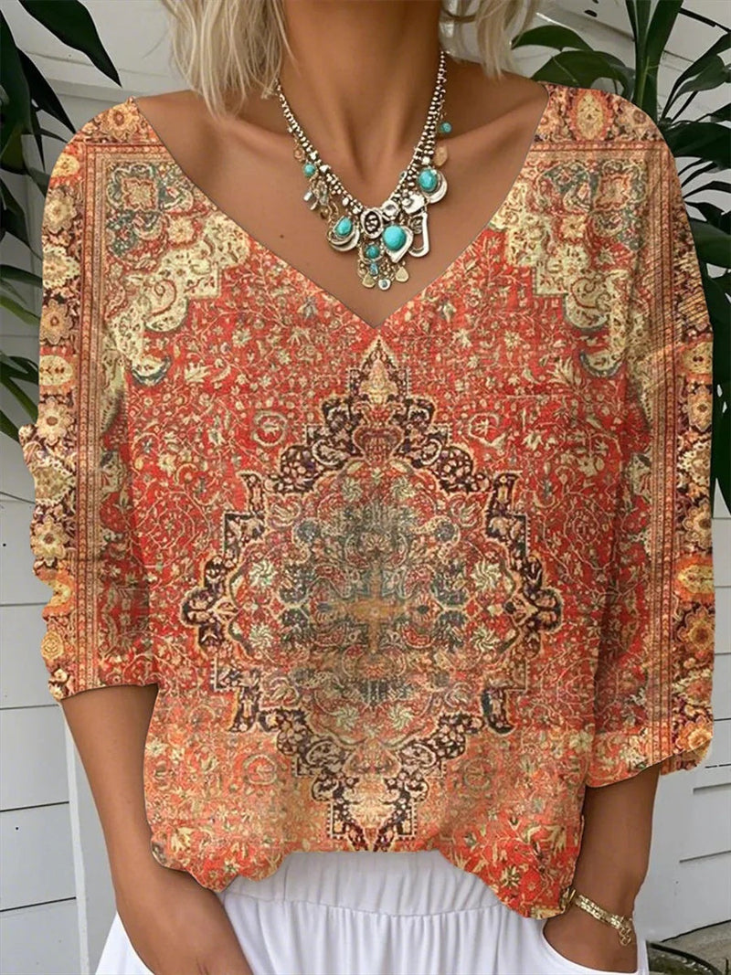 Casual Ethnic Print V-Neck Long Sleeve Loose T-Shirt