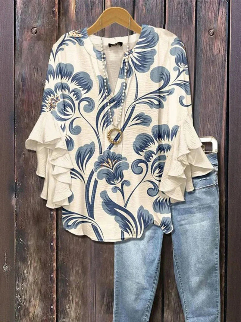 Blue Floral Print Half Sleeve Blouse