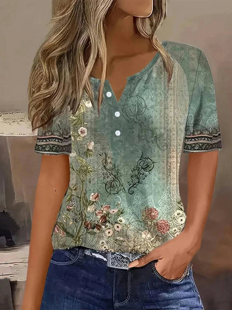 Green Vintage Floral Print V-Neck Short Sleeve Blouse