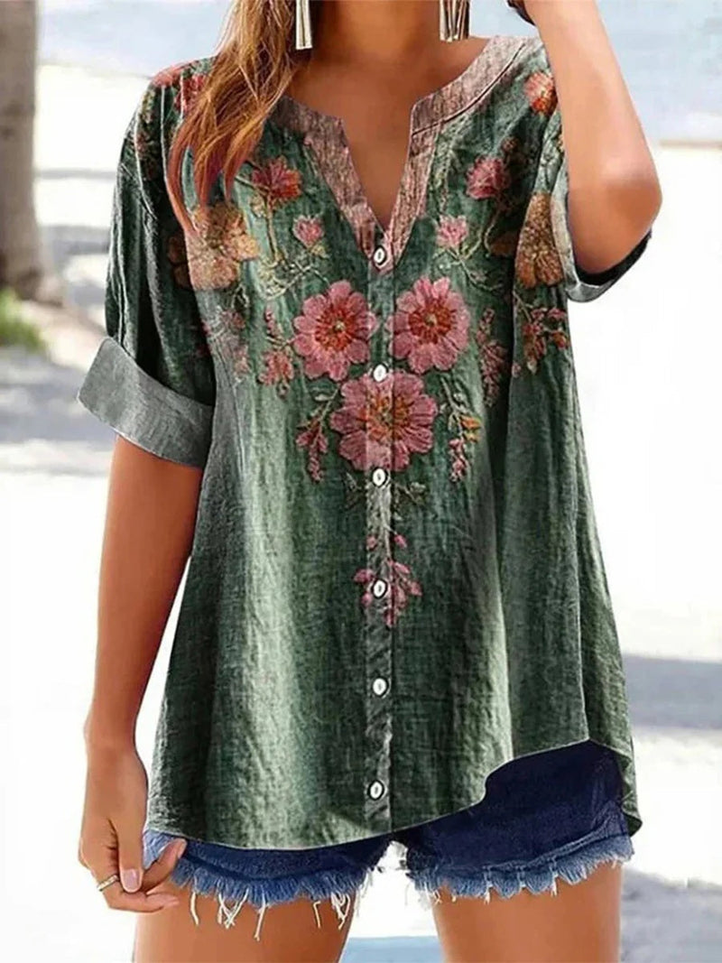 Vintage Floral Print V-Neck Short Sleeve Blouse