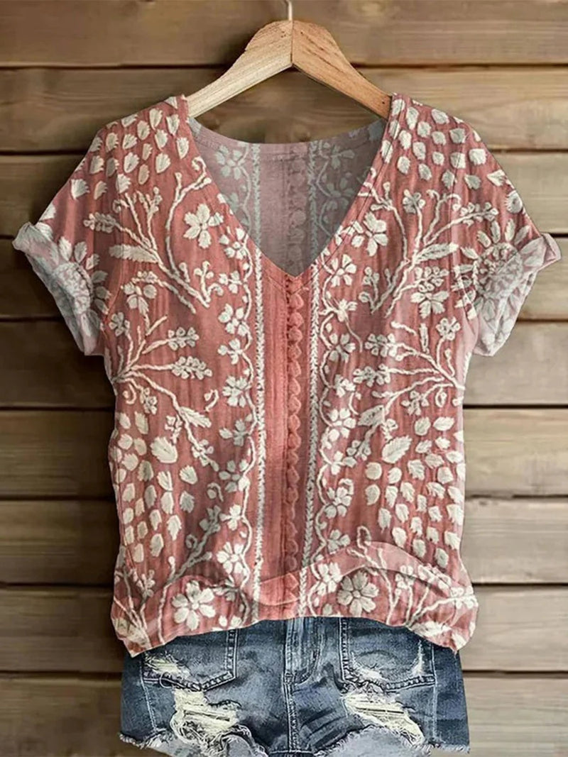 Red Vintage Floral Print V-Neck Short Sleeve T-Shirt
