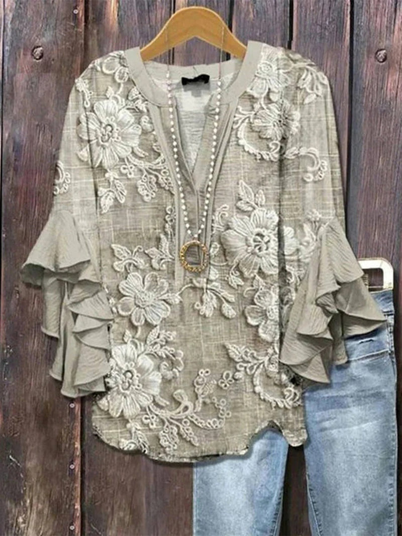 Khaki Vintage Floral Print Half Sleeve Blouse