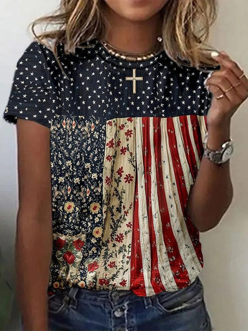 Stylish Multicolor Round Neck Short Sleeve Blouse
