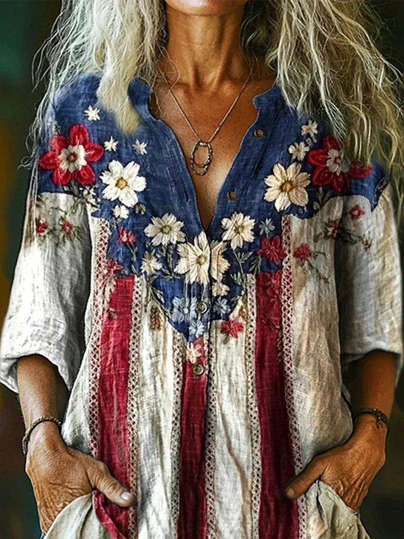 Blue V-Neck 3/4 Sleeve Blouse