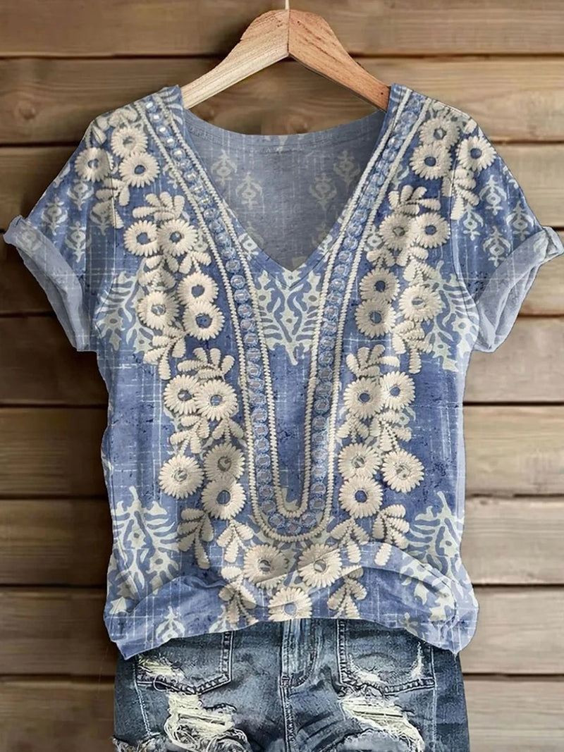 Temperament Floral Print V-Neck Short Sleeve Blouse
