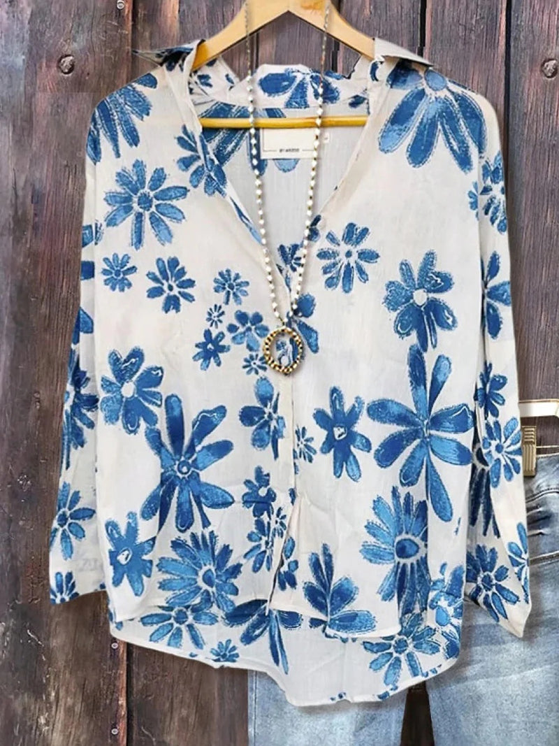 Blue Fresh Floral Print Long Sleeve Shirt